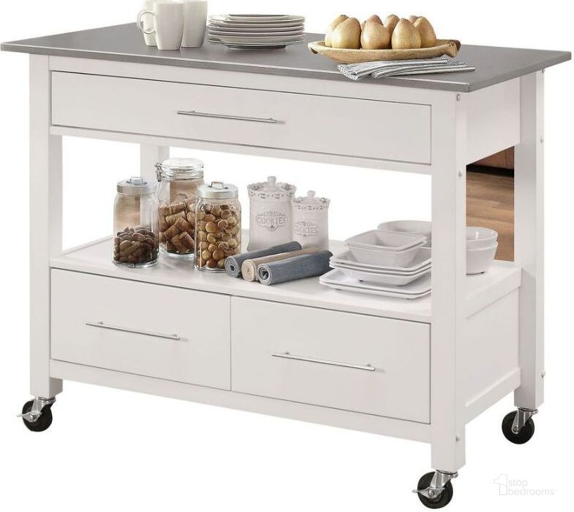 The appearance of Ottawa Stainless Steel and White Kitchen Cart designed by ACME in the modern / contemporary interior design. This silver piece of furniture  was selected by 1StopBedrooms from Ottawa Collection to add a touch of cosiness and style into your home. Sku: 98330. Material: Wood. Product Type: Kitchen Cart. Image1