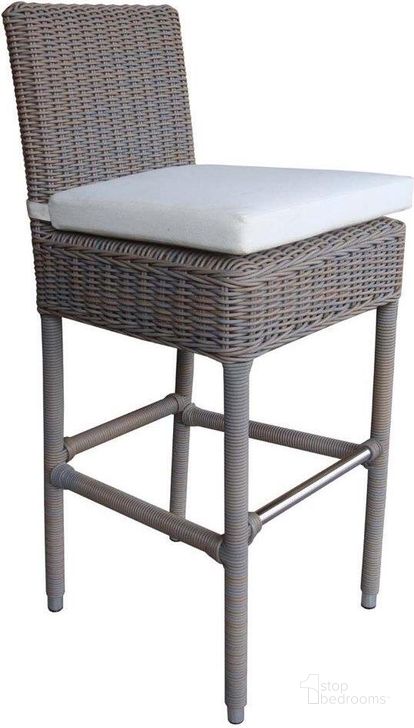 The appearance of Outdoor Boca Grey Barstool With White Outdoor Cushion designed by Padmas Plantation in the coastal interior design. This grey piece of furniture  was selected by 1StopBedrooms from Boca Collection to add a touch of cosiness and style into your home. Sku: OL-BOC14-ECO. Product Type: Outdoor Bar Furniture. Material: Wicker. Image1