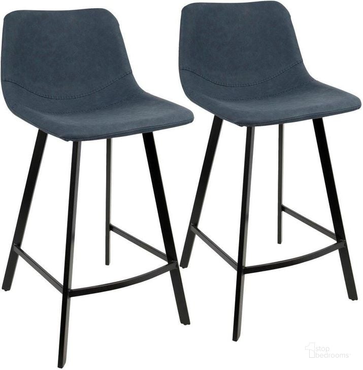 The appearance of Outlaw Industrial Counter Stool In Black With Blue Faux Leather - Set Of 2 designed by Lumisource in the industrial interior design. This blue piece of furniture  was selected by 1StopBedrooms from Outlaw Collection to add a touch of cosiness and style into your home. Sku: CS-OUTLW BK+BU2. Product Type: Barstool. Material: PU. Image1