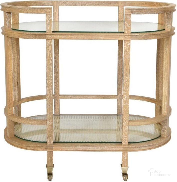The appearance of Oval Bar Cart With Two Natural Cane Shelves And Cerused Oak Frame designed by Worlds Away in the traditional interior design. This oak piece of furniture  was selected by 1StopBedrooms from  to add a touch of cosiness and style into your home. Sku: ZAINA CO. Material: Metal. Product Type: Bar Cart. Image1