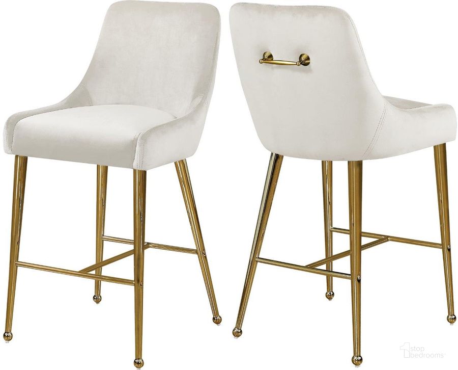 The appearance of Owen Cream Velvet Stool Set Of 2 designed by Meridian in the modern / contemporary interior design. This cream velvet piece of furniture  was selected by 1StopBedrooms from Owen Collection to add a touch of cosiness and style into your home. Sku: 745Cream. Product Type: Barstool. Material: Velvet. Image1