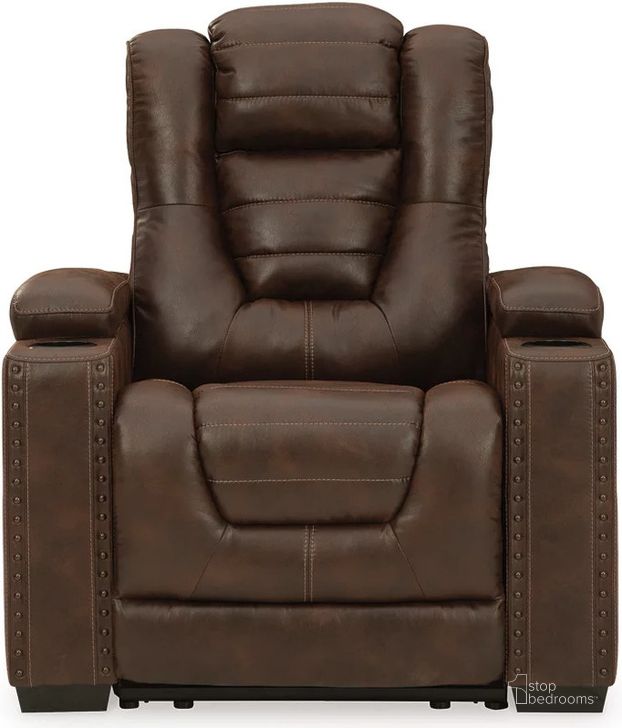 The appearance of Owners Box Power Recliner With Adjustable Headrest In Thyme designed by Signature Design by Ashley in the transitional interior design. This thyme piece of furniture  was selected by 1StopBedrooms from Owner'S Box Collection to add a touch of cosiness and style into your home. Sku: 2450513. Product Type: Recliner. Material: Leather Match. Image1