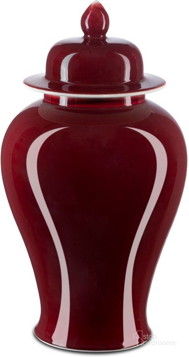 The appearance of Oxblood Medium Temple Jar In Red designed by Currey & Company in the modern / contemporary interior design. This red piece of furniture  was selected by 1StopBedrooms from Oxblood Collection to add a touch of cosiness and style into your home. Sku: 1200-0685. Material: Porcelain. Product Type: Jar. Image1