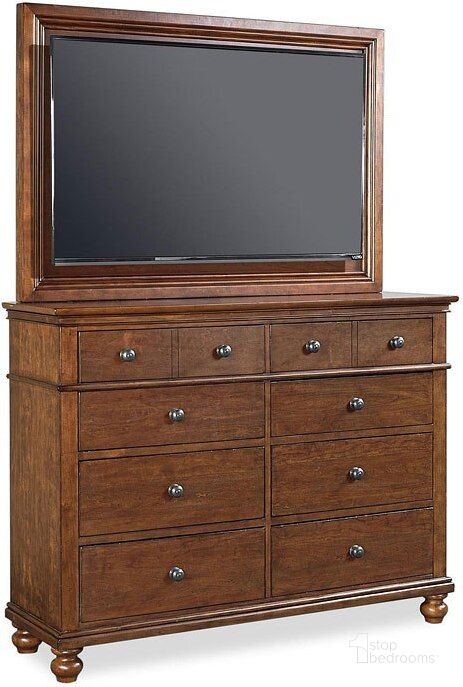 The appearance of Oxford Chesser w/ TV Frame (Whiskey Brown) designed by Aspenhome in the traditional interior design. This whiskey brown piece of furniture  was selected by 1StopBedrooms from Oxford Collection to add a touch of cosiness and style into your home. Sku: I07-455-WBR;I07-487-WBR. Product Type: Dresser. Image1