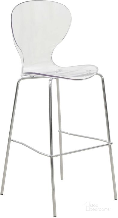 The appearance of Oyster Acrylic Barstool with Chrome Steel Frame In Clear designed by LeisureMod in the modern / contemporary interior design. This clear piece of furniture  was selected by 1StopBedrooms from Oyster Collection to add a touch of cosiness and style into your home. Sku: OC31CL. Product Type: Barstool. Material: Plastic. Image1