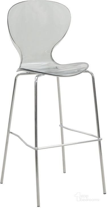 The appearance of Oyster Acrylic Barstool with Chrome Steel Frame In Smoke designed by LeisureMod in the modern / contemporary interior design. This smoke piece of furniture  was selected by 1StopBedrooms from Oyster Collection to add a touch of cosiness and style into your home. Sku: OC31TBL. Product Type: Barstool. Material: Plastic. Image1