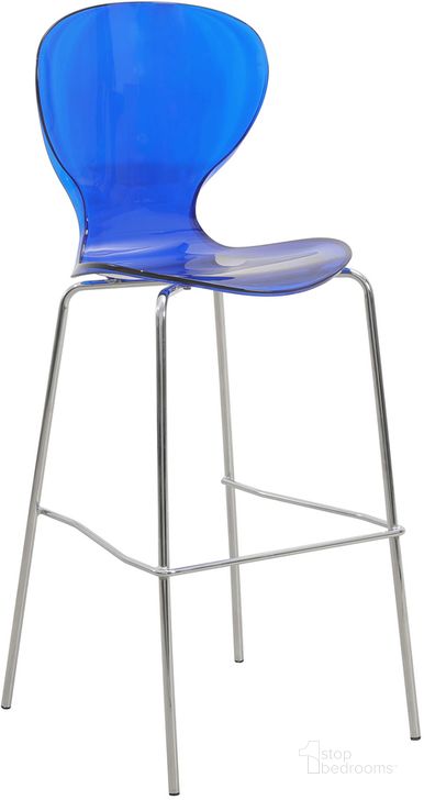 The appearance of Oyster Acrylic Barstool with Chrome Steel Frame In Transparent Blue designed by LeisureMod in the modern / contemporary interior design. This transparent blue piece of furniture  was selected by 1StopBedrooms from Oyster Collection to add a touch of cosiness and style into your home. Sku: OC31TBU. Product Type: Barstool. Material: Plastic. Image1