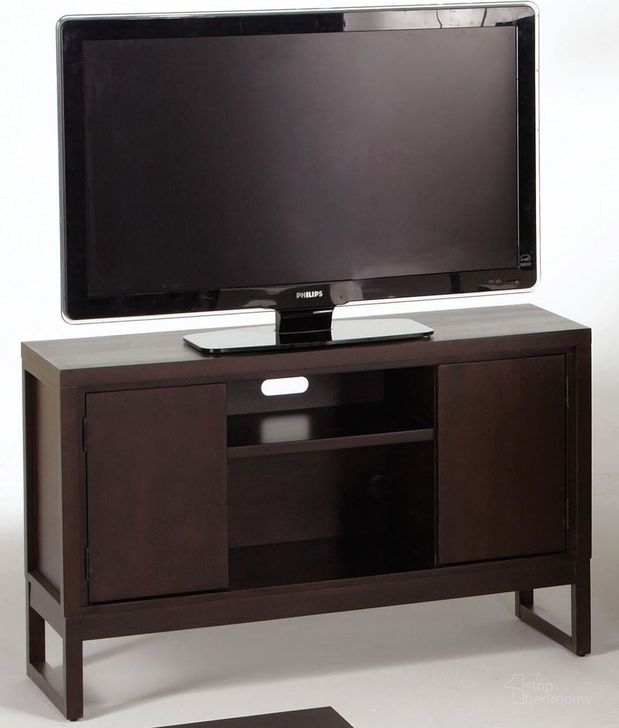 The appearance of Athena Dark Chocolate TV Console designed by Progressive Furniture in the transitional interior design. This brown piece of furniture  was selected by 1StopBedrooms from Athena Collection to add a touch of cosiness and style into your home. Sku: P109E-81. Material: Wood. Product Type: TV Console. Image1