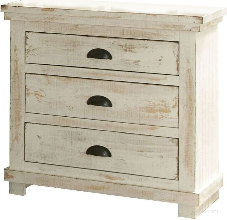 The appearance of Willow Distressed White Nightstand designed by Progressive Furniture in the transitional interior design. This white piece of furniture  was selected by 1StopBedrooms from Willow Collection to add a touch of cosiness and style into your home. Sku: P610-43. Material: Wood. Product Type: Nightstand. Image1