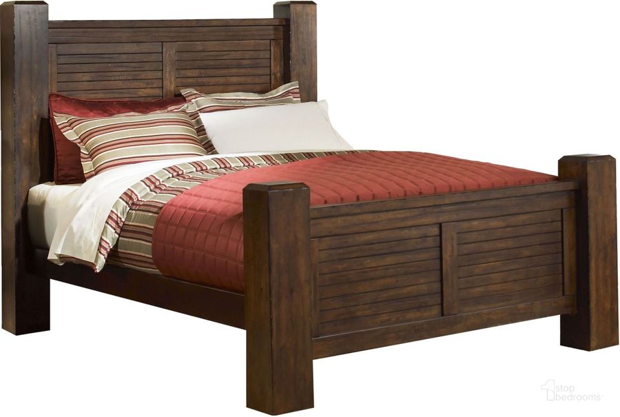 The appearance of Trestlewood Mesquite Pine Queen Poster Bed designed by Progressive Furniture in the rustic / southwestern interior design. This brown piece of furniture  was selected by 1StopBedrooms from Trestlewood Collection to add a touch of cosiness and style into your home. Sku: P611-34;P611-35;P611-77. Bed Type: Poster Bed. Material: Wood. Product Type: Poster Bed. Bed Size: Queen. Image1