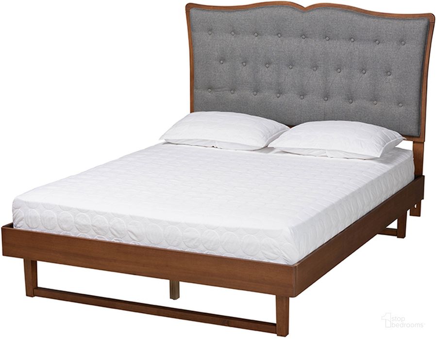The appearance of Padilla Grey Fabric and Walnut Brown Finished Wood King Platform Bed designed by Baxton Studio in the traditional interior design. This grey and walnut piece of furniture  was selected by 1StopBedrooms from Padilla Collection to add a touch of cosiness and style into your home. Sku: MG9766/974043-Walnut-King. Bed Type: Platform Bed. Product Type: Platform Bed. Bed Size: King. Material: Rubberwood. Image1