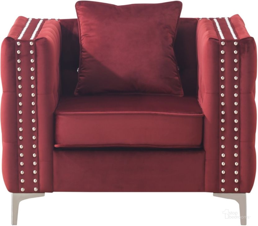 The appearance of Paige Burgundy Chair designed by Glory in the modern / contemporary interior design. This burgundy piece of furniture  was selected by 1StopBedrooms from Paige Collection to add a touch of cosiness and style into your home. Sku: G826A-C-CHAIR BACK, CUSHION, SEAT FRAME, LEG, HARDWARE AND FRONT RAILS;G826A-C-Chair arms. Material: Wood. Product Type: Living Room Chair. Image1