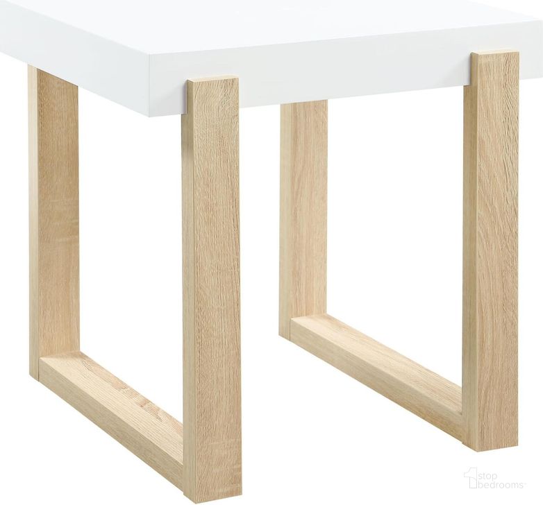 The appearance of Pala Rectangular End Table with Sled Base In White High Gloss and Natural designed by Coaster in the modern / contemporary interior design. This white high gloss/natural piece of furniture  was selected by 1StopBedrooms from Pala Collection to add a touch of cosiness and style into your home. Sku: 753397. Material: Wood. Product Type: End Table. Image1