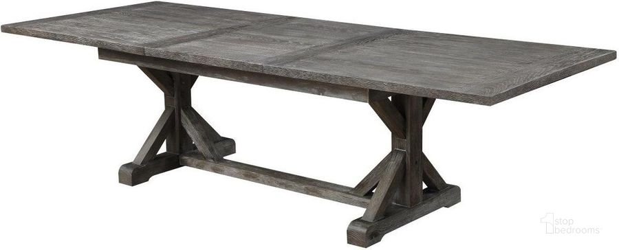 The appearance of Paladin Butterfly Leaf Dining Table In Weathered Gray designed by Emerald Home Furnishings in the rustic / southwestern interior design. This weathered gray piece of furniture  was selected by 1StopBedrooms from Paladin Collection to add a touch of cosiness and style into your home. Sku: D350-10BASE-03;D350-10TOP-03. Table Base Style: Trestle. Material: Wood. Product Type: Dining Table. Table Top Shape: Rectangular. Size: 84". Image1