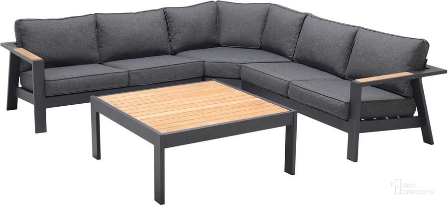 The appearance of Palau 4 Piece Outdoor Sectional Set With Cushions In Dark Grey And Natural Teak Wood Accent designed by Armen Living in the modern / contemporary interior design. This dark grey piece of furniture  was selected by 1StopBedrooms from Palau Collection to add a touch of cosiness and style into your home. Sku: LCODPASEGRBX4;LCODPASEGRBX2;LCODPASEGRBX1;LCODPASEGRBX3. Material: Aluminum. Product Type: Outdoor Sectional. Image1
