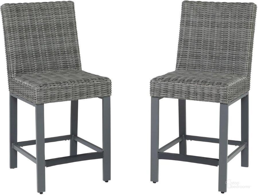 The appearance of Palazzo Gray Outdoor Bar Stool Set of 2 designed by Signature Design by Ashley in the transitional interior design. This gray piece of furniture  was selected by 1StopBedrooms from Palazzo Collection to add a touch of cosiness and style into your home. Sku: P520-130. Product Type: Outdoor Bar Furniture. Image1