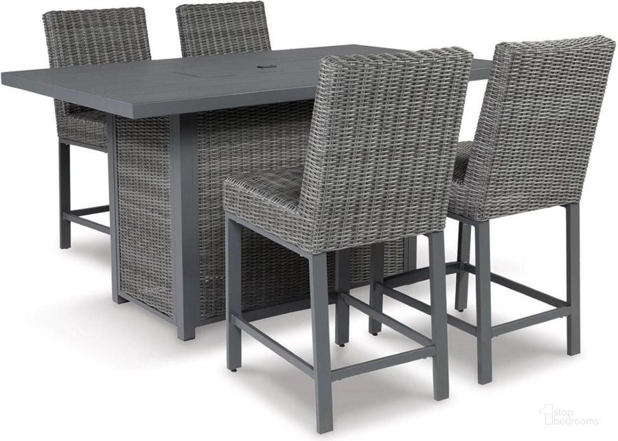 The appearance of Palazzo Outdoor Counter Height Dining Table with 4 Barstools In Gray designed by Signature Design by Ashley in the transitional interior design. This gray piece of furniture  was selected by 1StopBedrooms from Palazzo Collection to add a touch of cosiness and style into your home. Sku: P520-130;P520-130;P520-665. Table Top Shape: Rectangular. Product Type: Outdoor Dining Set. Image1