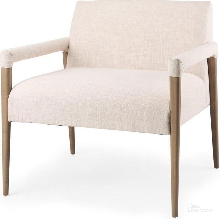 The appearance of Palisades Cream Upholstery With Solid Wood Accent Chair designed by Mercana in the modern / contemporary interior design. This brown and cream piece of furniture  was selected by 1StopBedrooms from Palisades Collection to add a touch of cosiness and style into your home. Sku: 69919. Material: Wood. Product Type: Accent Chair. Image1