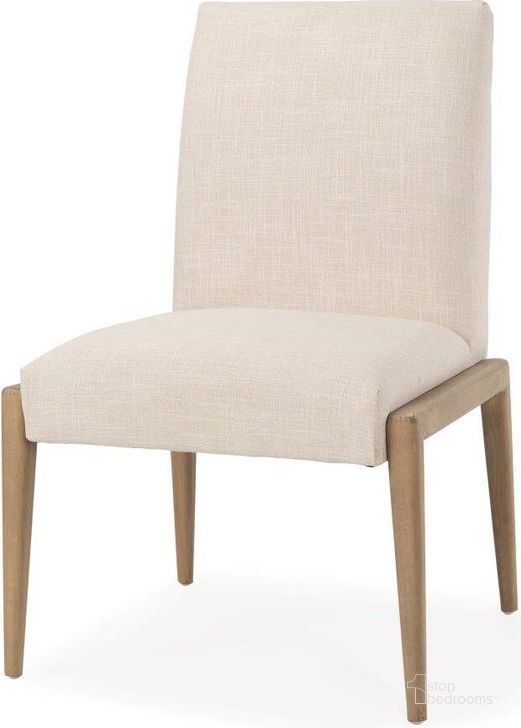 The appearance of Palisades Cream Upholstery With Solid Wood Armed Dining Chair Set of 2 designed by Mercana in the modern / contemporary interior design. This brown and cream piece of furniture  was selected by 1StopBedrooms from Palisades Collection to add a touch of cosiness and style into your home. Sku: 69823. Material: Wood. Product Type: Dining Chair. Image1