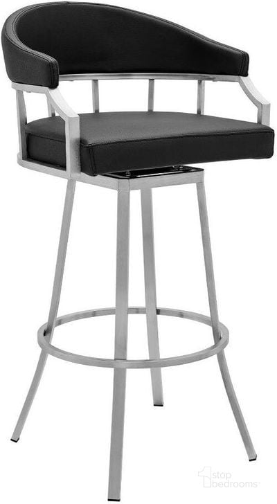The appearance of Palmdale Swivel Modern Black Faux Leather 30 Inch Barstool In Brushed Stainless Steel Finish designed by Armen Living in the modern / contemporary interior design. This black piece of furniture  was selected by 1StopBedrooms from Palmdale Collection to add a touch of cosiness and style into your home. Sku: 721535752218. Product Type: Barstool. Material: Stainless Steel. Image1