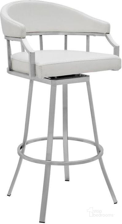 The appearance of Palmdale Swivel Modern White Faux Leather 30 Inch Barstool In Brushed Stainless Steel Finish designed by Armen Living in the modern / contemporary interior design. This white piece of furniture  was selected by 1StopBedrooms from Palmdale Collection to add a touch of cosiness and style into your home. Sku: 721535752232. Product Type: Barstool. Material: Stainless Steel. Image1