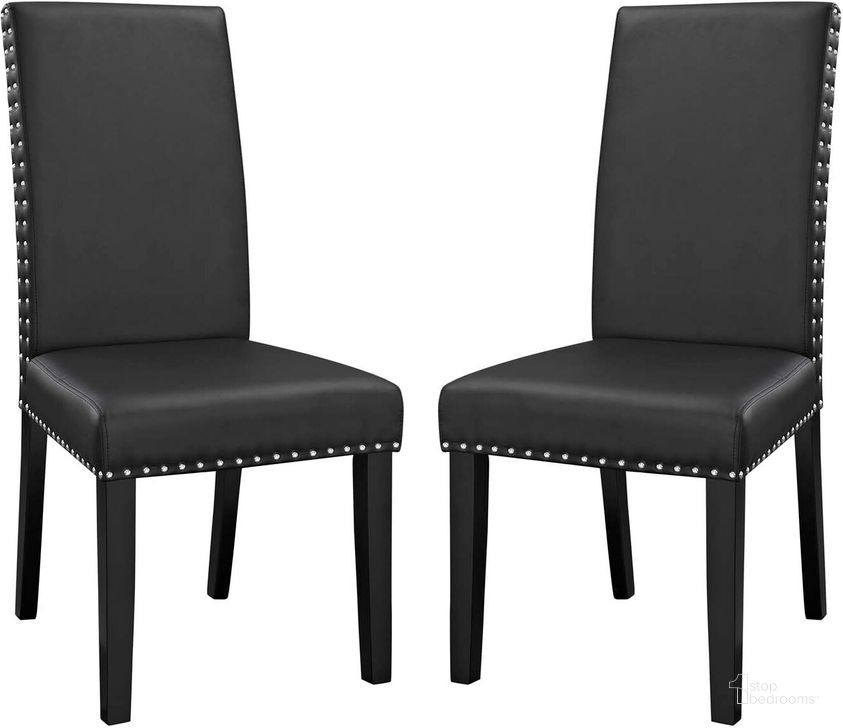 The appearance of Parcel Black Dining Side Chair Vinyl Set of 2 designed by Modway in the modern / contemporary interior design. This black piece of furniture  was selected by 1StopBedrooms from Parcel Collection to add a touch of cosiness and style into your home. Sku: EEI-3553-BLK. Product Type: Side Chair. Material: Plywood. Image1
