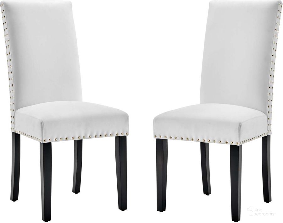 The appearance of Parcel Performance Velvet Dining Side Chairs - Set of 2 EEI-3779-WHI designed by Modway in the modern / contemporary interior design. This white piece of furniture  was selected by 1StopBedrooms from Parcel Collection to add a touch of cosiness and style into your home. Sku: EEI-3779-WHI. Product Type: Side Chair. Material: MDF. Image1
