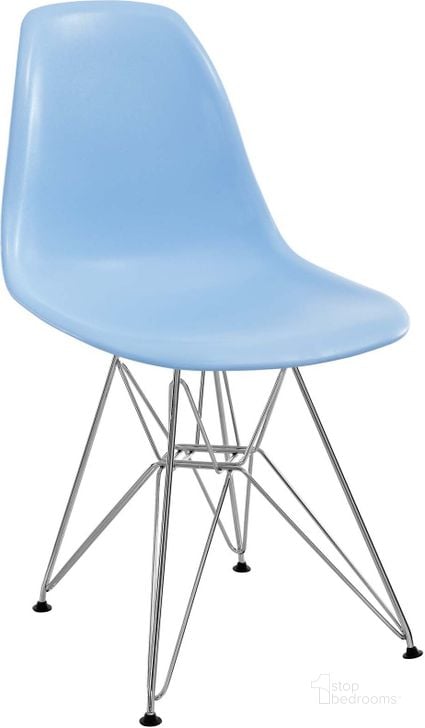 The appearance of Paris Blue Dining Side Chair EEI-179-LBU designed by Modway in the modern / contemporary interior design. This blue piece of furniture  was selected by 1StopBedrooms from Paris Collection to add a touch of cosiness and style into your home. Sku: EEI-179-LBU. Product Type: Side Chair. Material: Chrome. Image1