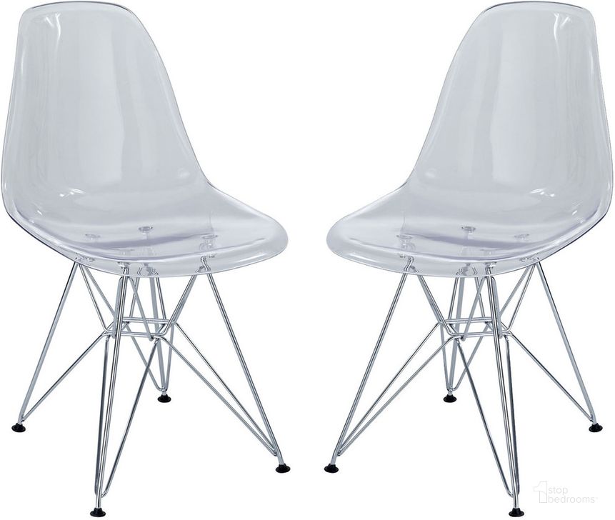 The appearance of Paris Dining Side Chair Set of 2 In Clear designed by Modway in the modern / contemporary interior design. This clear piece of furniture  was selected by 1StopBedrooms from Paris Collection to add a touch of cosiness and style into your home. Sku: EEI-1261-CLR. Material: Polyester. Product Type: Side Chair. Image1