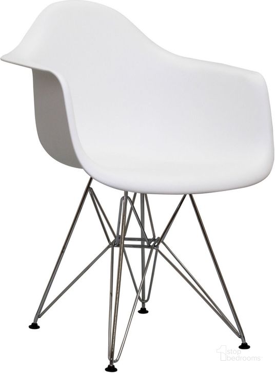 The appearance of Paris White Dining Arm Chair designed by Modway in the modern / contemporary interior design. This white piece of furniture  was selected by 1StopBedrooms from Paris Collection to add a touch of cosiness and style into your home. Sku: EEI-181-WHI. Material: Steel. Product Type: Arm Chair. Image1
