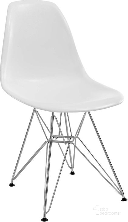 The appearance of Paris White Dining Side Chair EEI-179-WHI designed by Modway in the modern / contemporary interior design. This white piece of furniture  was selected by 1StopBedrooms from Paris Collection to add a touch of cosiness and style into your home. Sku: EEI-179-WHI. Product Type: Side Chair. Material: Chrome. Image1
