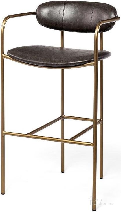 The appearance of Parker Brown Faux Leather Seat Gold Metal Bar Stool designed by Mercana in the modern / contemporary interior design. This brown and gold piece of furniture  was selected by 1StopBedrooms from Parker Collection to add a touch of cosiness and style into your home. Sku: 69363. Material: Metal. Product Type: Barstool. Image1