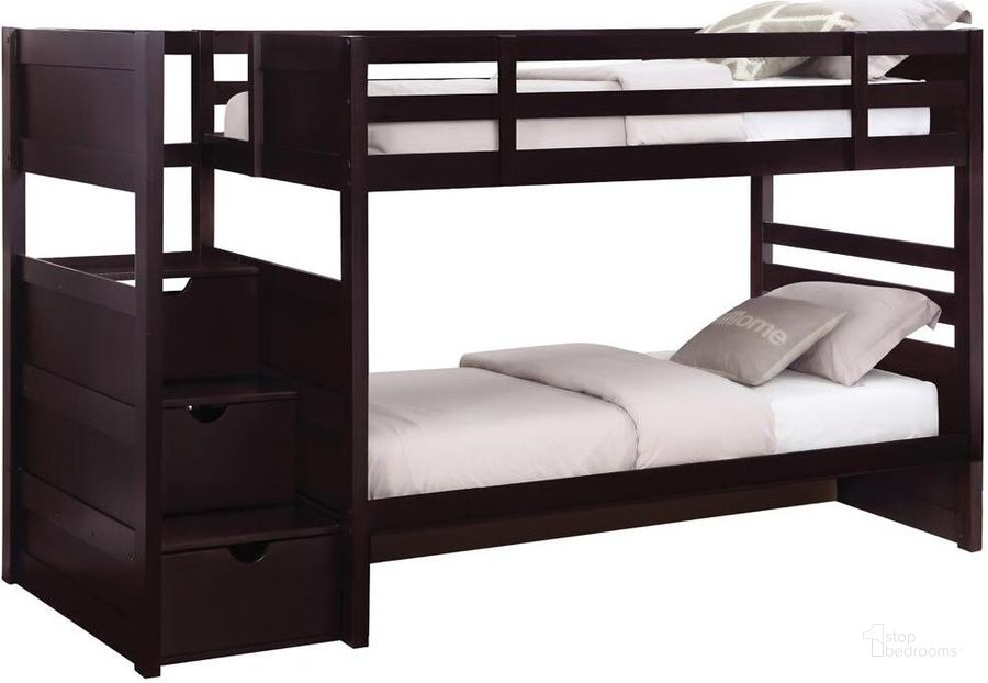 The appearance of Parker Cappuccino Twin Over Twin Bunk Bed designed by Coaster in the modern / contemporary interior design. This brown piece of furniture  was selected by 1StopBedrooms from Parker Collection to add a touch of cosiness and style into your home. Sku: 460441B1;460441B2;460441B3;460441B4. Bed Type: Bunk Bed. Material: Wood. Product Type: Bunk Bed. Bed Size: Twin Over Twin. Image1