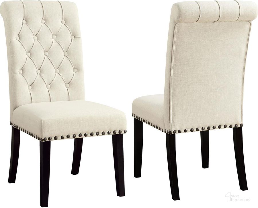 The appearance of Parkins Cream Upholstered Side Chair Set of 2 designed by Coaster in the transitional interior design. This beige piece of furniture  was selected by 1StopBedrooms from Parkins Collection to add a touch of cosiness and style into your home. Sku: 190162. Material: Fabric. Product Type: Side Chair. Image1