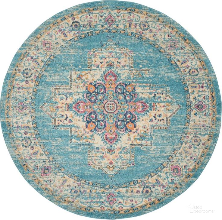 The appearance of Passion Light Blue 8 Round Area Rug designed by Nourison in the transitional interior design. This light blue piece of furniture  was selected by 1StopBedrooms from Passion Collection to add a touch of cosiness and style into your home. Sku: 99446734174. Material: Polypropylene. Product Type: Area Rugs. Image1