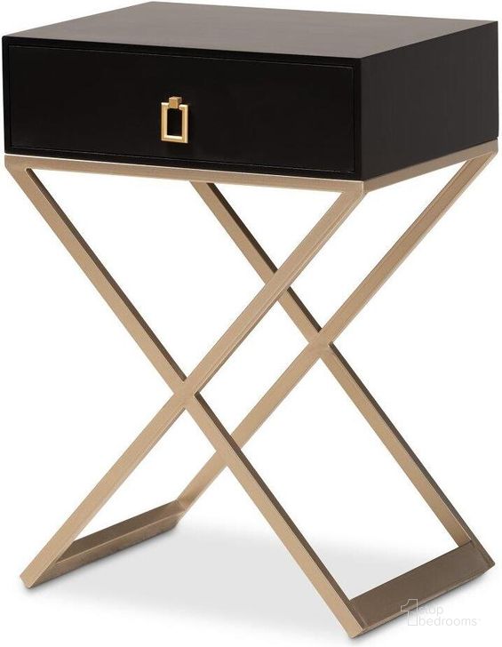 The appearance of Patricia Modern and Contemporary Black Finished Wood and Brass-Tone Metal 1-Drawer Nightstand designed by Baxton Studio in the modern / contemporary interior design. This black piece of furniture  was selected by 1StopBedrooms from Patricia Collection to add a touch of cosiness and style into your home. Sku: JY1956-NS. Product Type: Nightstand. Material: MDF. Image1