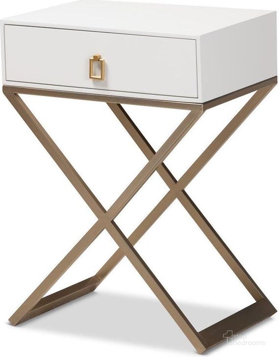 The appearance of Patricia Modern and Contemporary White Finished Wood and Brass-Tone Metal 1-Drawer Nightstand designed by Baxton Studio in the modern / contemporary interior design. This white piece of furniture  was selected by 1StopBedrooms from Patricia Collection to add a touch of cosiness and style into your home. Sku: JY1957-NS. Product Type: Nightstand. Material: MDF. Image1