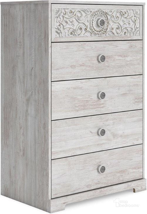 The appearance of Paxberry Whitewash Five Drawer Chest designed by Signature Design by Ashley in the transitional interior design. This white wash piece of furniture  was selected by 1StopBedrooms from Paxberry Collection to add a touch of cosiness and style into your home. Sku: EB1811-245. Material: Wood. Product Type: Chest. Image1