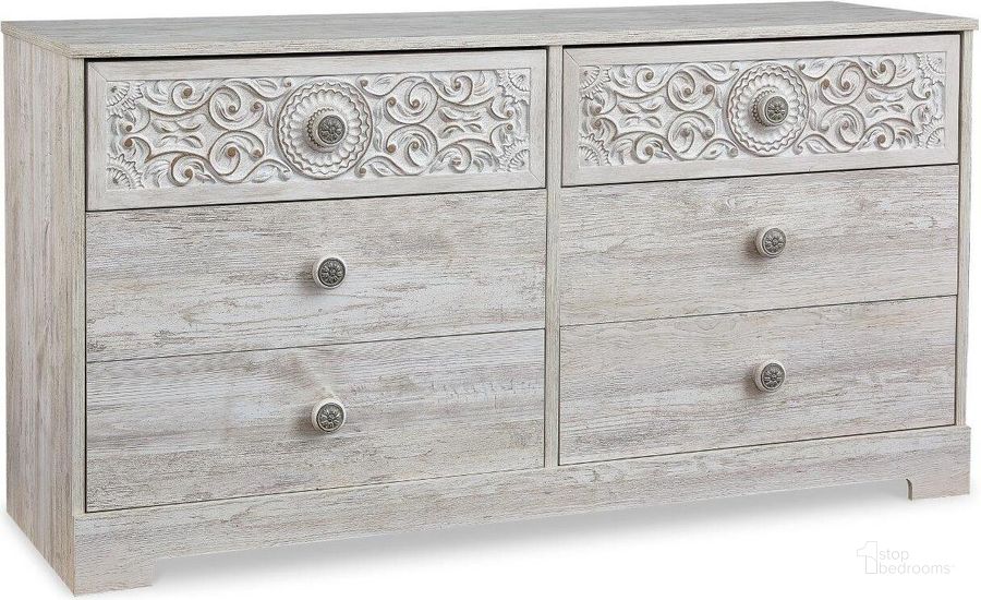 The appearance of Paxberry Whitewash Six Drawer Dresser designed by Signature Design by Ashley in the transitional interior design. This white wash piece of furniture  was selected by 1StopBedrooms from Paxberry Collection to add a touch of cosiness and style into your home. Sku: EB1811-231. Material: Wood. Product Type: Dresser. Image1