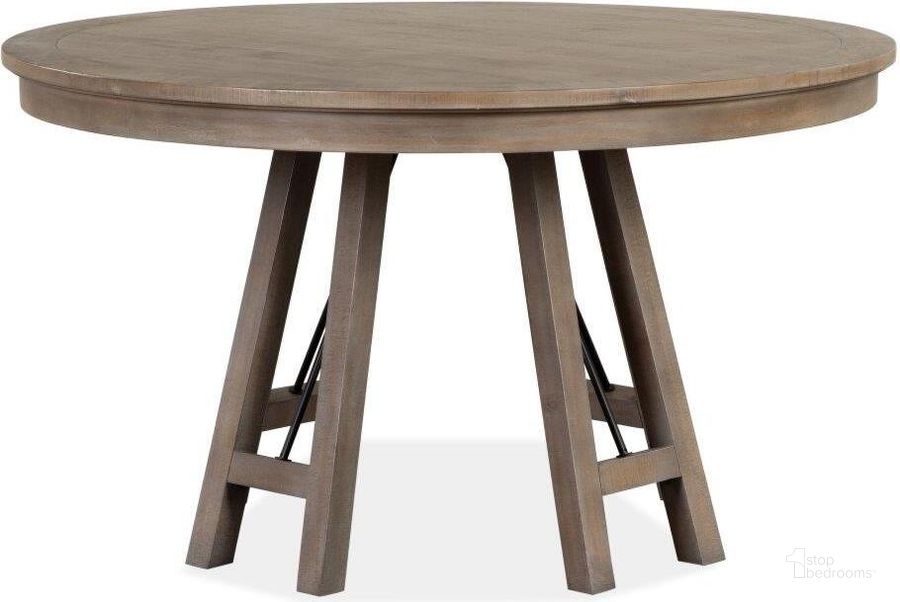 The appearance of Paxton Place Dove Gray Wood 52 Inch Round Dining Table KD designed by Magnussen in the modern / contemporary interior design. This dove grey piece of furniture  was selected by 1StopBedrooms from Paxton Place Collection to add a touch of cosiness and style into your home. Sku: D4805-27. Table Base Style: Trestle. Table Top Shape: Round. Product Type: Dining Table. Material: Pine. Image1