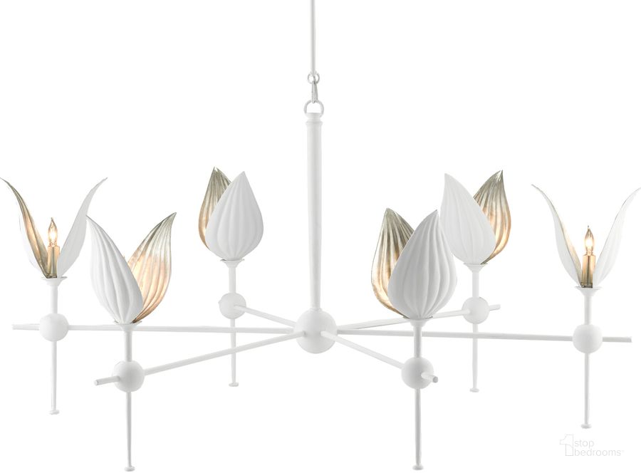The appearance of Peace Lily White Chandelier designed by Currey & Company in the modern / contemporary interior design. This white piece of furniture  was selected by 1StopBedrooms from Peace Lily Collection to add a touch of cosiness and style into your home. Sku: 9000-0734. Product Type: Chandelier. Material: Iron. Image1
