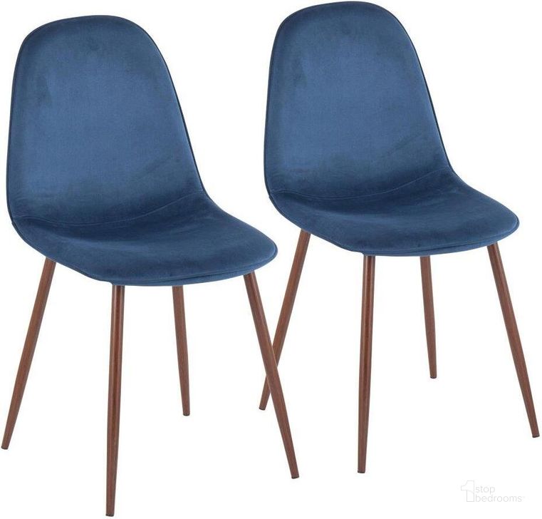 The appearance of Pebble Contemporary Chair In Walnut Metal And Blue Velvet - Set Of 2 designed by Lumisource in the modern / contemporary interior design. This walnut piece of furniture  was selected by 1StopBedrooms from Pebble Collection to add a touch of cosiness and style into your home. Sku: CH-PEBBLE WLVBU2. Product Type: Chair. Material: Velvet. Image1