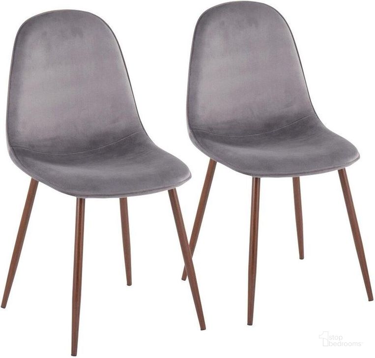 The appearance of Pebble Contemporary Chair In Walnut Metal And Grey Velvet - Set Of 2 designed by Lumisource in the modern / contemporary interior design. This walnut piece of furniture  was selected by 1StopBedrooms from Pebble Collection to add a touch of cosiness and style into your home. Sku: CH-PEBBLE WLVGY2. Product Type: Chair. Material: Velvet. Image1