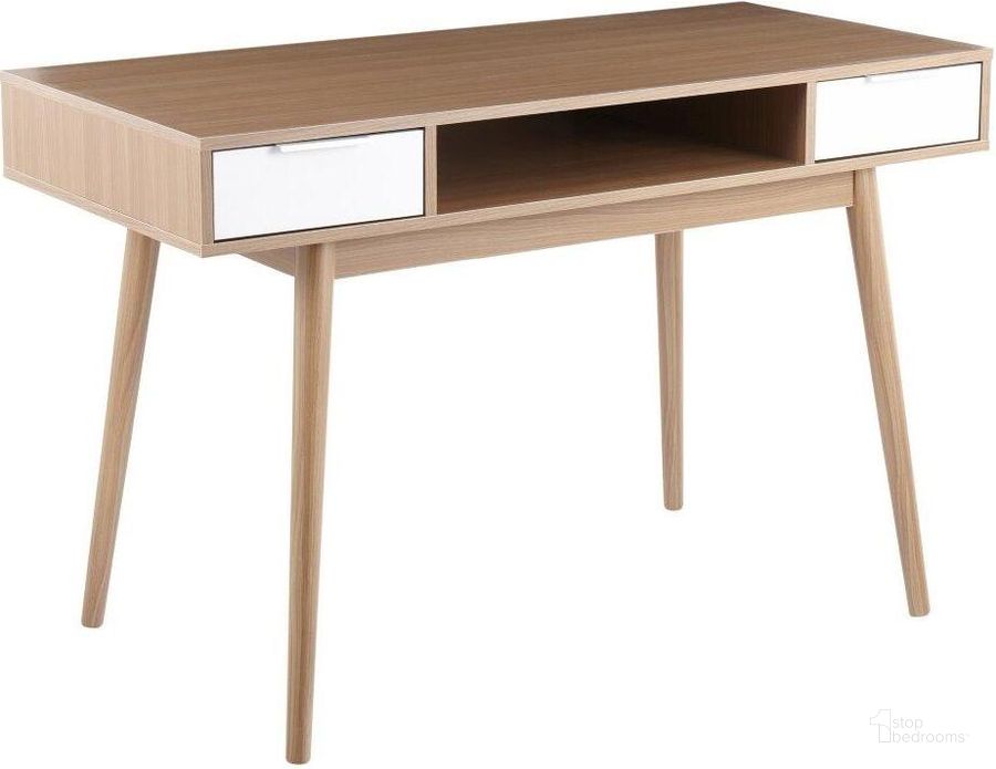 The appearance of Pebble Contemporary Double Desk In Natural Wood With White Wood Drawers designed by Lumisource in the modern / contemporary interior design. This natural wood piece of furniture  was selected by 1StopBedrooms from Pebble Collection to add a touch of cosiness and style into your home. Sku: OFD-PEBBLE DBL NAW. Product Type: Desk. Material: MDF. Image1