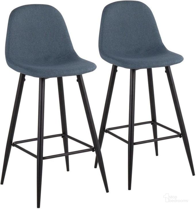 The appearance of Pebble Mid-Century Modern Barstool In Black Metal And Blue Fabric - Set Of 2 designed by Lumisource in the transitional interior design. This black piece of furniture  was selected by 1StopBedrooms from Pebble Collection to add a touch of cosiness and style into your home. Sku: B30-PEB BKBU2. Material: Polyester. Product Type: Barstool. Image1