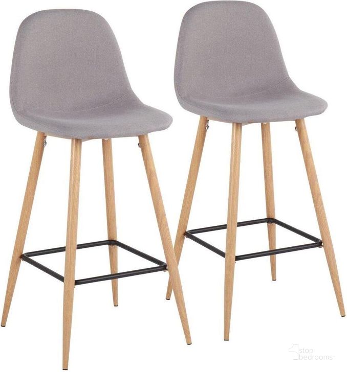 The appearance of Pebble Mid-Century Modern Barstool In Natural Metal And Light Grey Fabric - Set Of 2 designed by Lumisource in the transitional interior design. This light gray piece of furniture  was selected by 1StopBedrooms from Pebble Collection to add a touch of cosiness and style into your home. Sku: B30-PEB NALGY2. Material: Polyester. Product Type: Barstool. Image1
