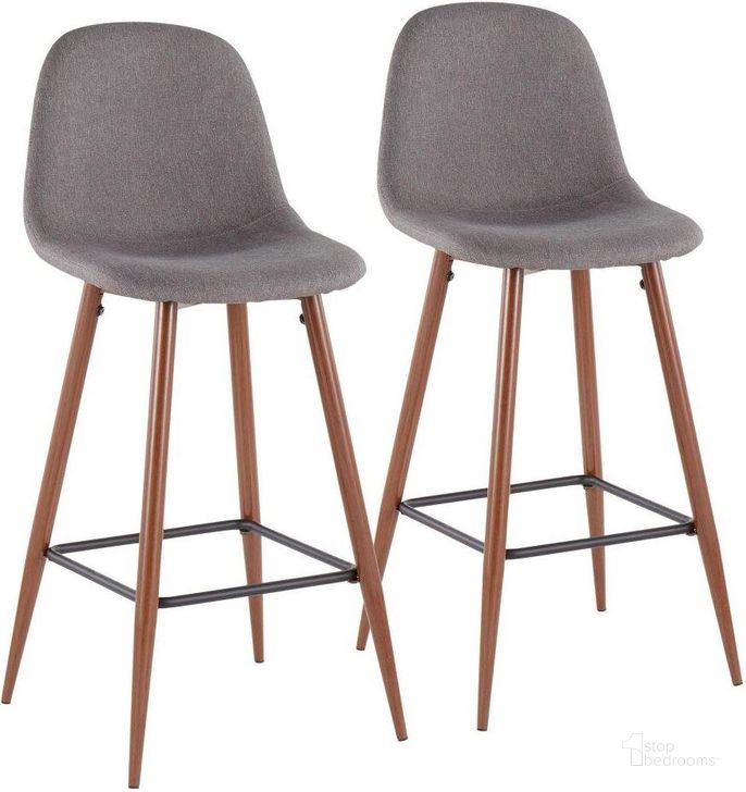 The appearance of Pebble Mid-Century Modern Barstool In Walnut Metal And Charcoal Fabric - Set Of 2 designed by Lumisource in the transitional interior design. This walnut piece of furniture  was selected by 1StopBedrooms from Pebble Collection to add a touch of cosiness and style into your home. Sku: BS-PEB WL+CHAR2. Material: Polyester. Product Type: Barstool. Image1