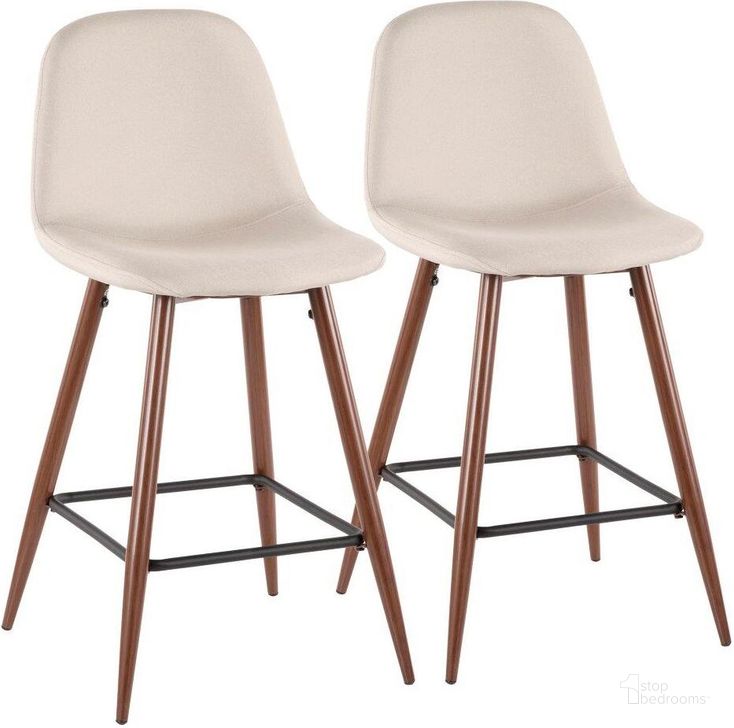 The appearance of Pebble Mid-Century Modern Counter Stool In Walnut Metal And Beige Fabric - Set Of 2 designed by Lumisource in the transitional interior design. This walnut piece of furniture  was selected by 1StopBedrooms from Pebble Collection to add a touch of cosiness and style into your home. Sku: CS-PEB WL+BG2. Material: Fabric. Product Type: Barstool. Image1