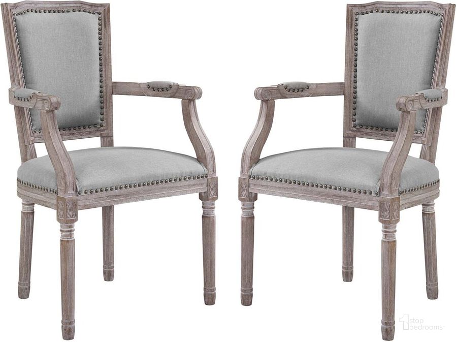 The appearance of Penchant Light Gray Dining Arm Chair Upholstered Fabric Set of 2 designed by Modway in the modern / contemporary interior design. This light gray piece of furniture  was selected by 1StopBedrooms from Penchant Collection to add a touch of cosiness and style into your home. Sku: EEI-3462-LGR. Material: Wood. Product Type: Arm Chair. Image1