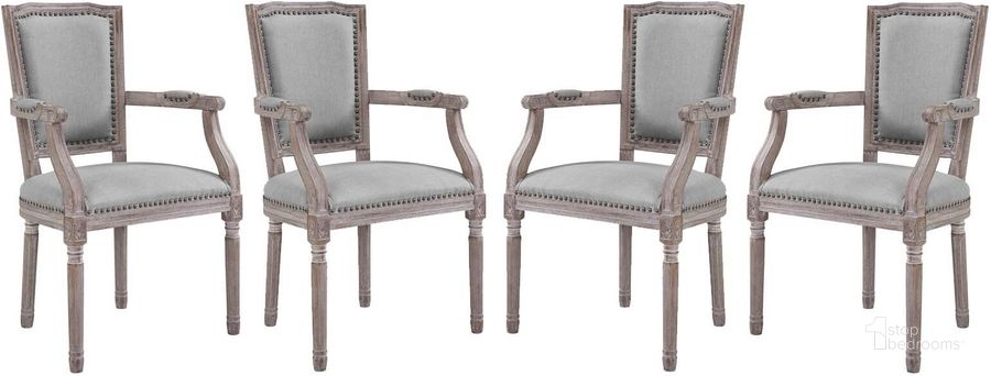 The appearance of Penchant Light Gray Dining Arm Chair Upholstered Fabric Set of 4 designed by Modway in the modern / contemporary interior design. This light gray piece of furniture  was selected by 1StopBedrooms from Penchant Collection to add a touch of cosiness and style into your home. Sku: EEI-3463-LGR. Material: Wood. Product Type: Arm Chair. Image1
